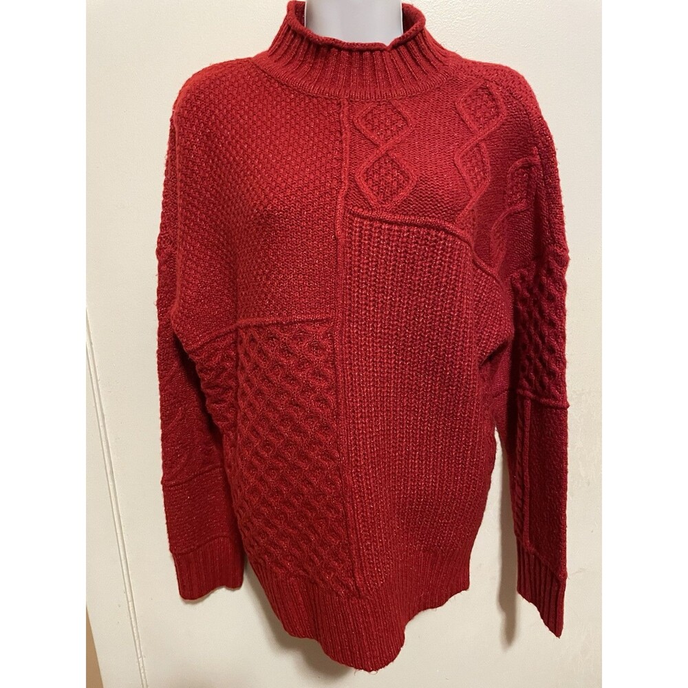 Women's American Eagle Mock Neck Chunky Knit Cherry Red Oversized Sweater Sz XS